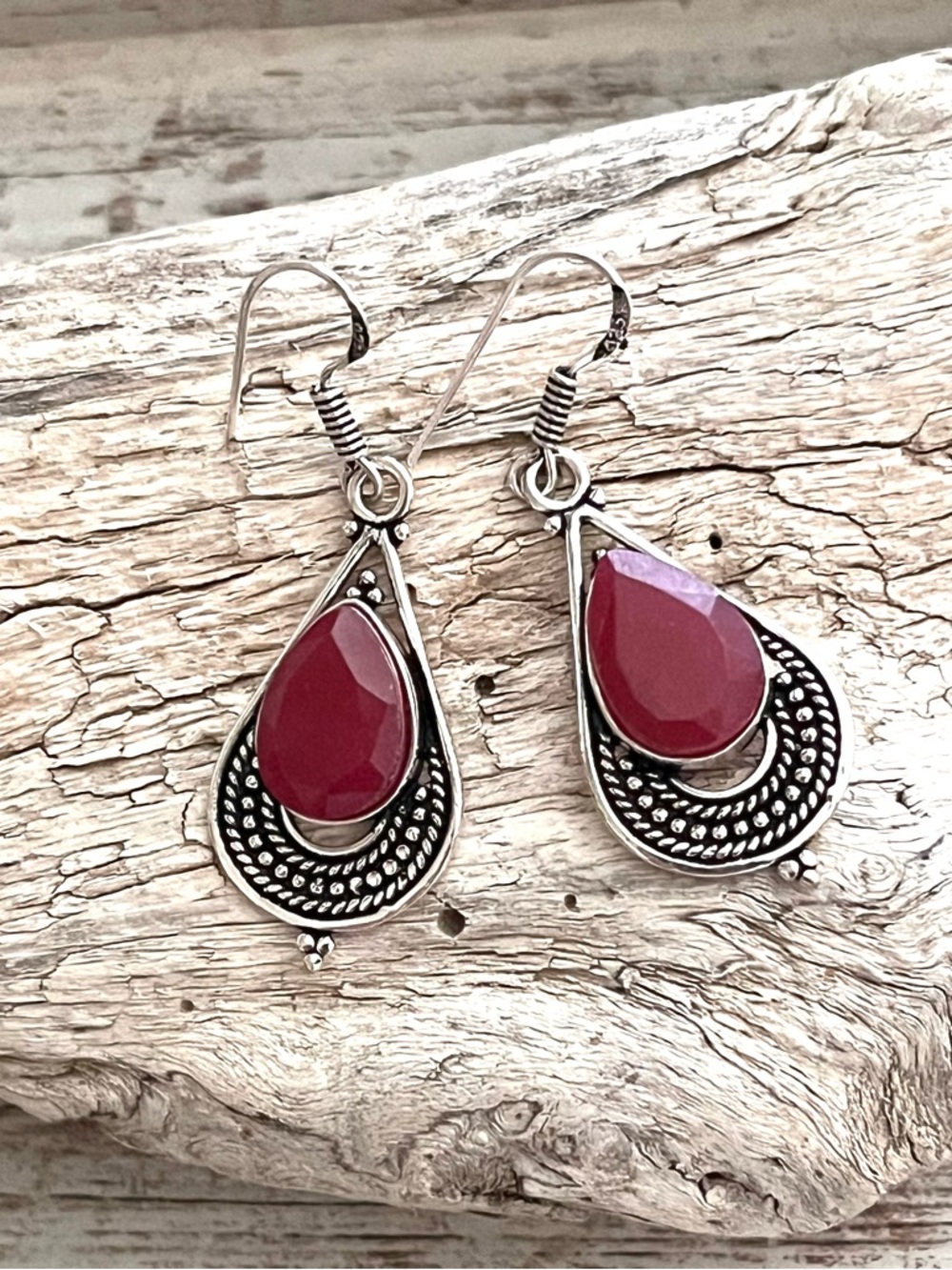 Teardrop Ruby Gemstone Dangle 1.8” Silver Earrings